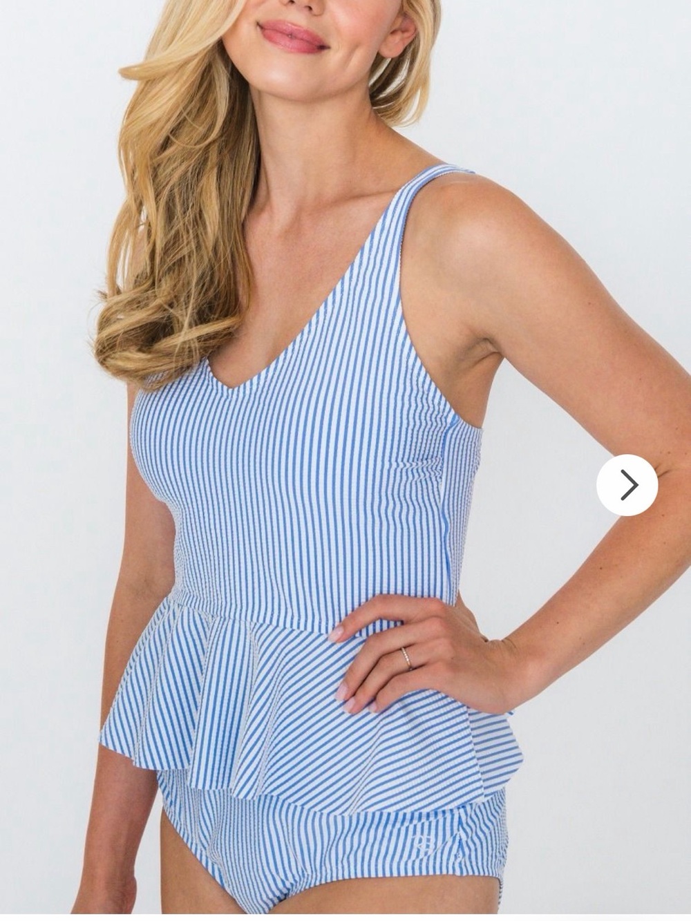 Ruffle Butts Light Blue & White Striped Bandeau Peplum Swim Top